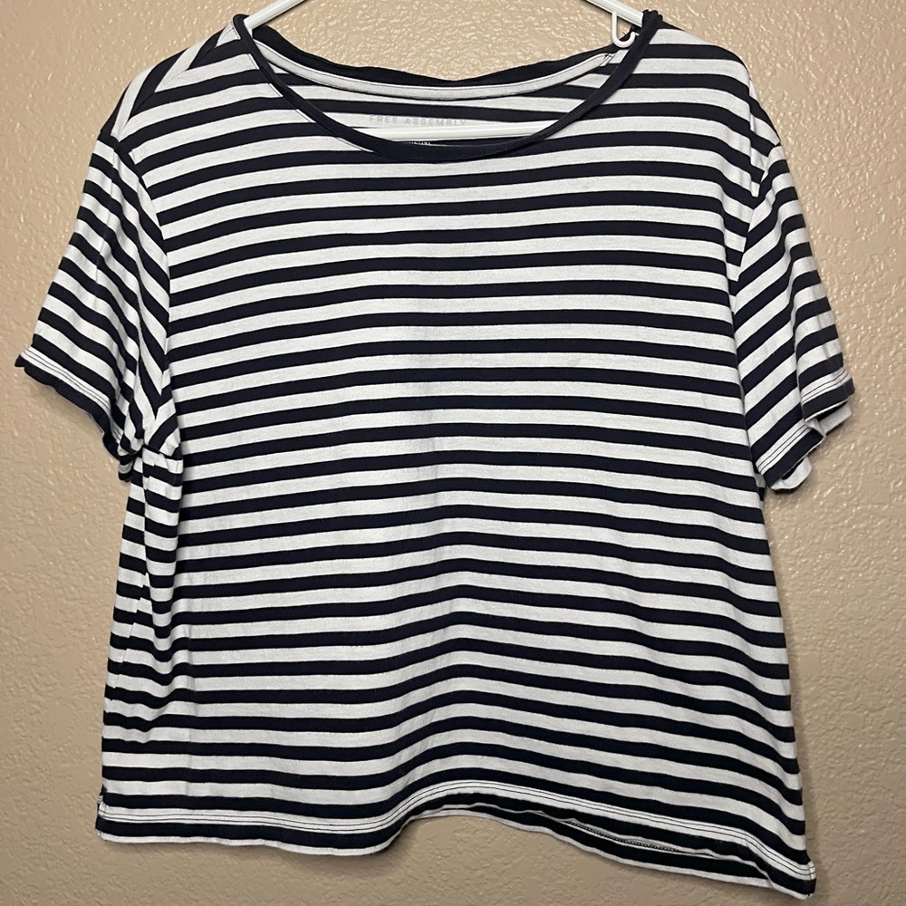 Free Assembly Striped Crop Boxy Tee - Nautical Navy Blue White Women's Top